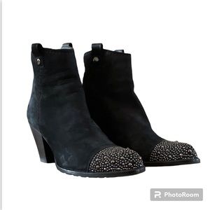 Stuart Weitzman Stud Toe Black Suede Booties, 3 inch heel, back zip, size 6.5